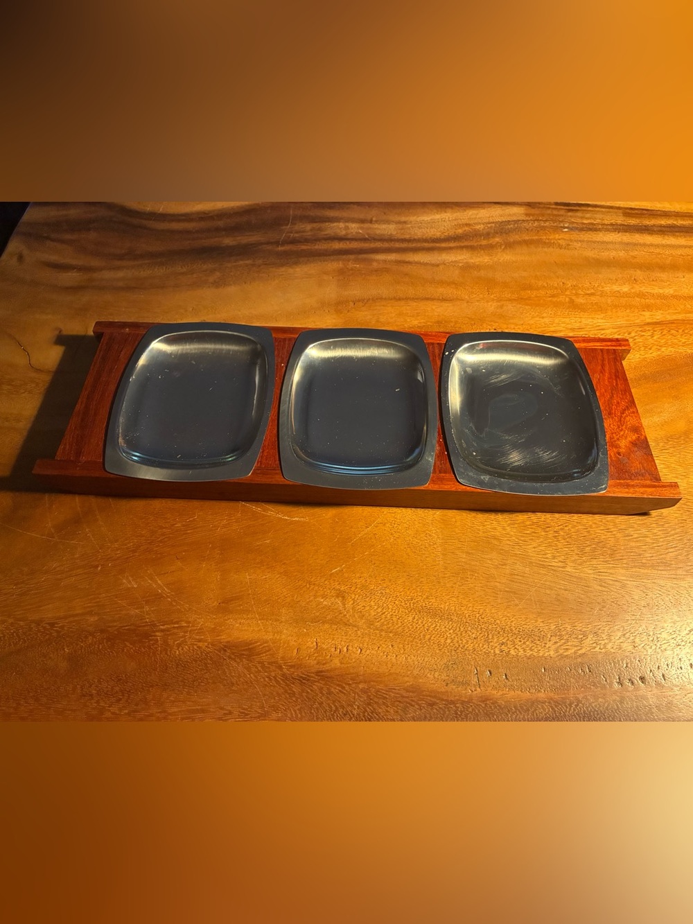 Vintage Wood and Stainless Steel Serving Dish Hong Kong